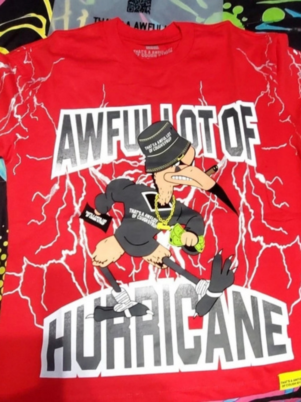 :That's A Awful Lot Of Cough Syrup"Graphic Short Sleeve Tee in Red